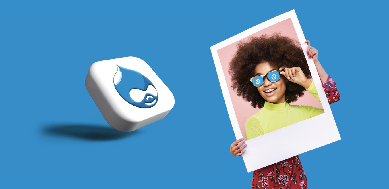 Fun colorful image of lady holding Drupal sunglasses