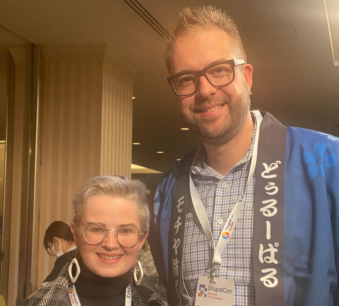 Photo with Dries and Ceri taken at Drupalcon Nara.