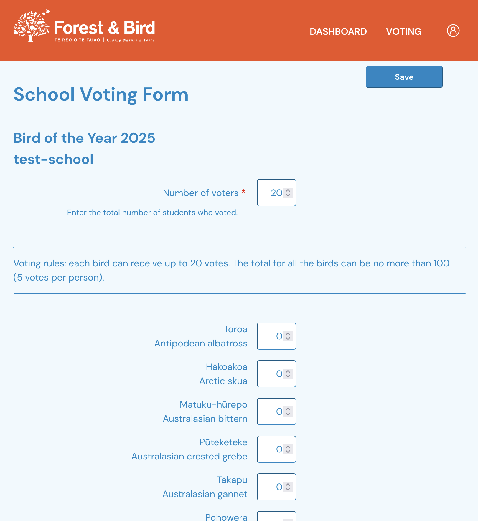 Bird of the Year 2025 school voting system