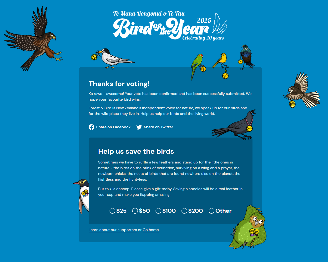 Bird of the Year Thank You for voting page