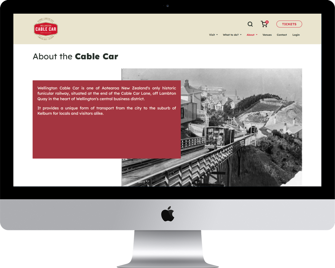 A desktop screenshot of the About the Cable Car section of the Wellington Cable Car Website