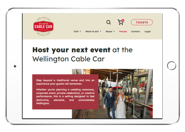 An iPad Pro screenshot in landscape orientation of the Host Your Next Event section of the Wellington Cable Car Website
