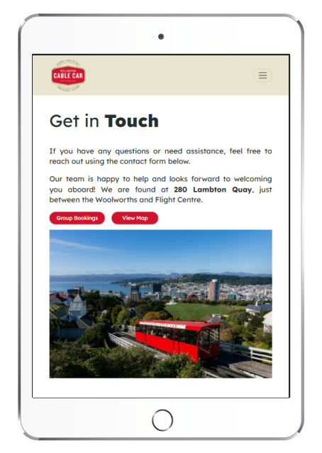 An iPad screenshot in portrait orientation of the Get in Touch section of the Wellington Cable Car Website