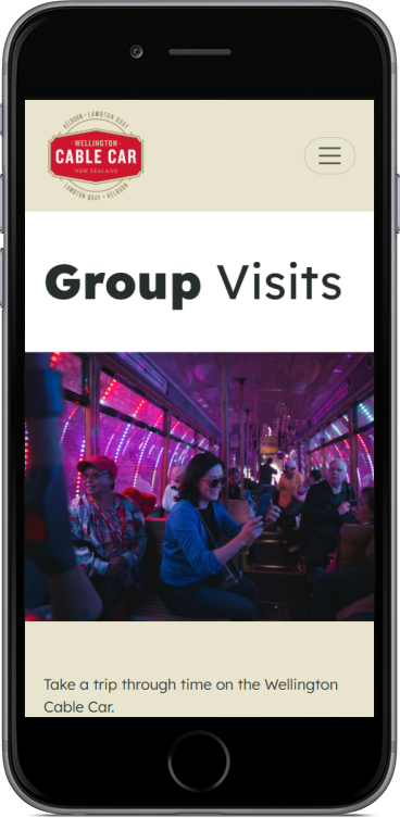 An iphone screenshot of the Group Visits section of the Wellington Cable Car Website