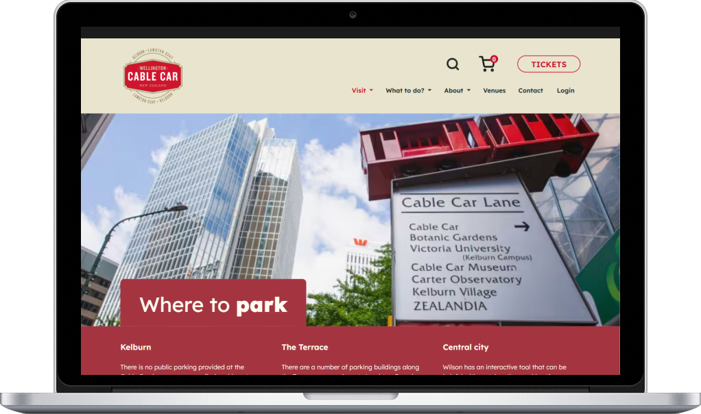 A screenshot of the Where to Park section of the Wellington Cable Car Website